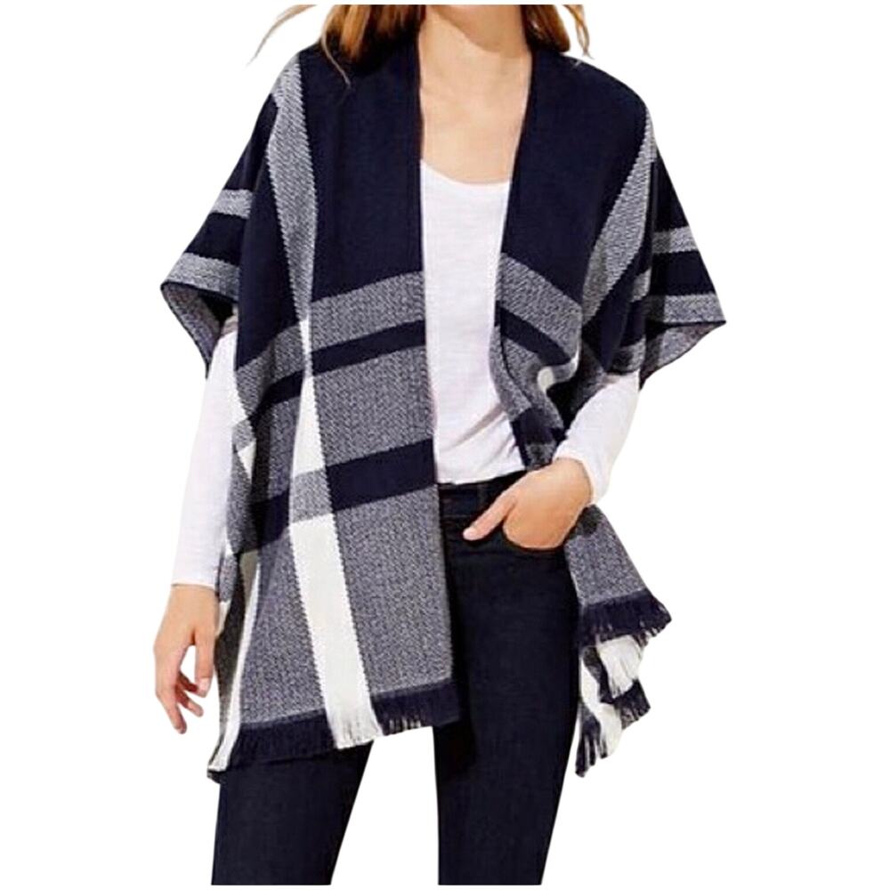 Ann Taylor LOFT Navy Blue White Plaid Knit Poncho Shawl Wrap Cardigan XS S